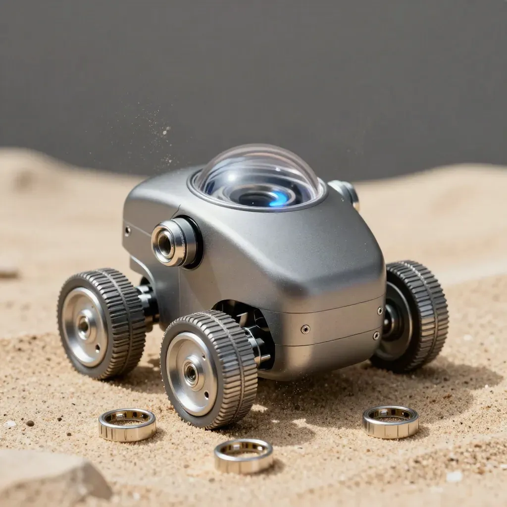 Macro of a robot kit torso with wheel modules, sensor dome and connector rings on warm travertine.