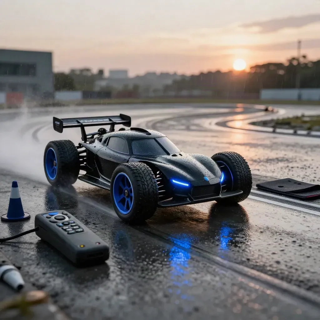 RC car splashing through a wet turn with remote, dock, battery, cones and mat nearby at dusk