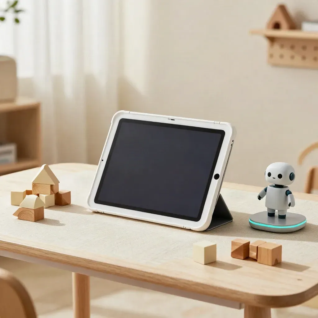 Kids coding tablet with robot and blocks on a sunlit play table