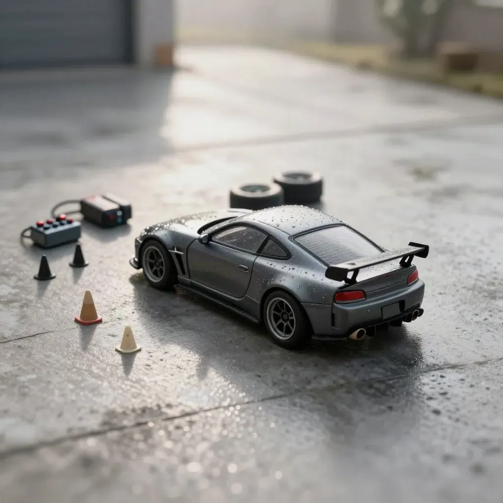 Wet RC drift car and cones on a concrete drive with soft garage bokeh.